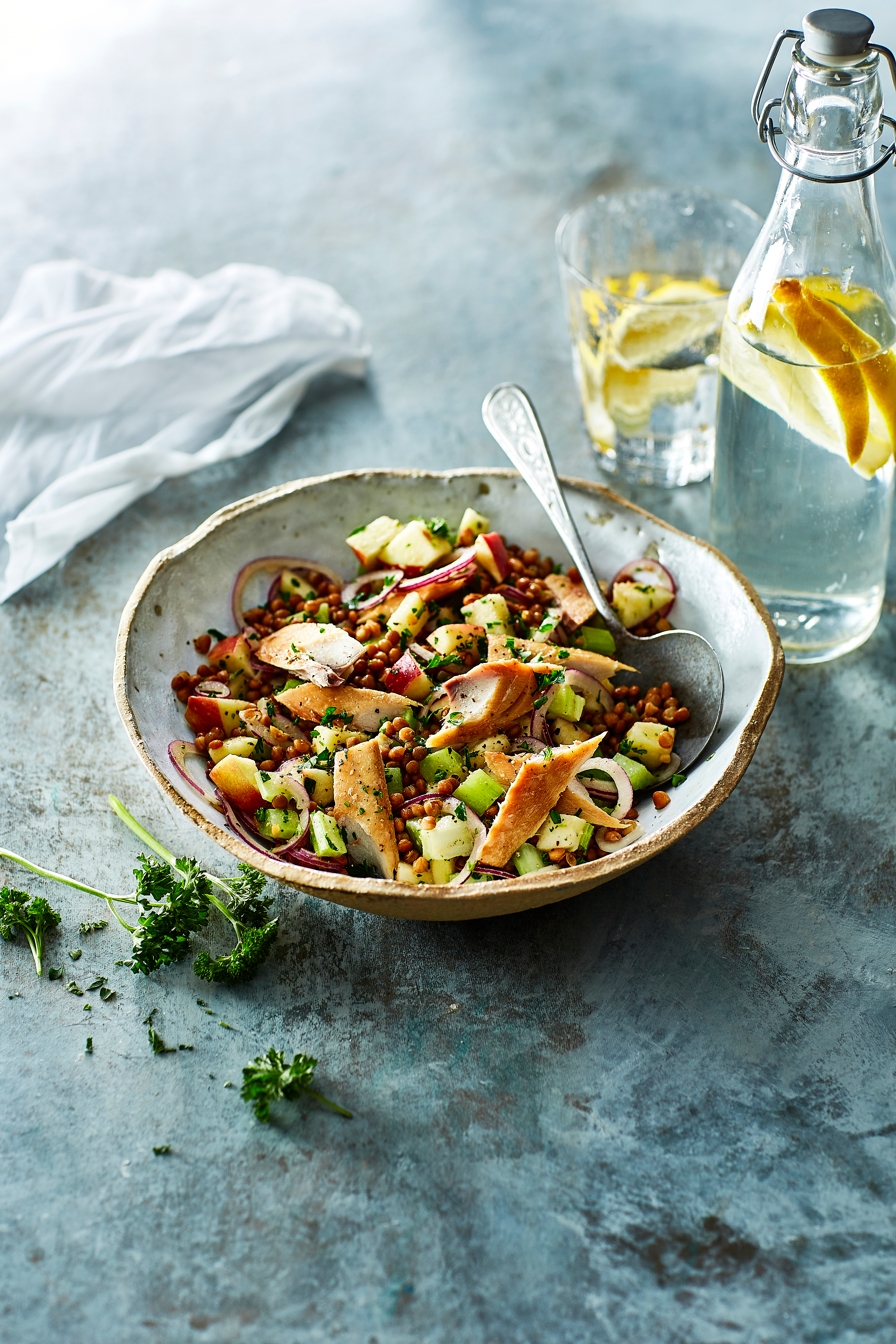 Linzensalade met makreel