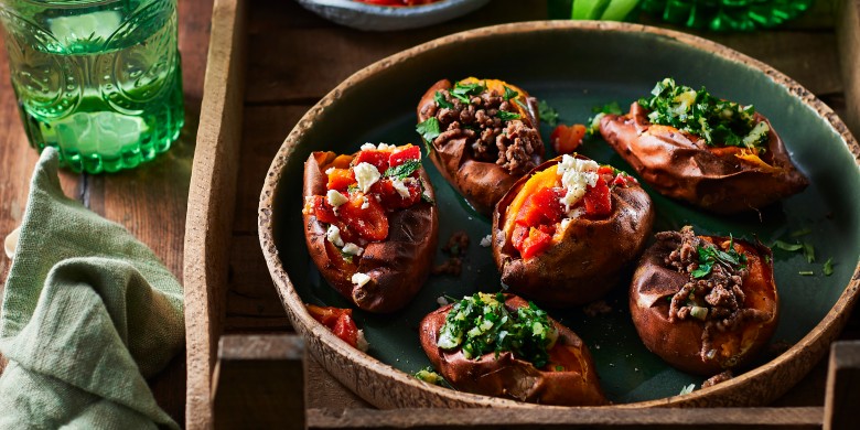 Geroosterde zoete aardappels met drie toppings