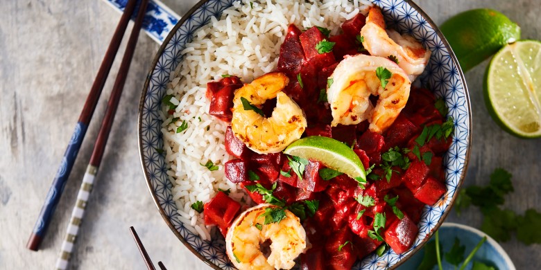 Bietencurry met garnalen