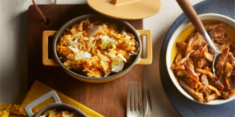 Zoete-aardappelstamppot met spitskool en shoarma