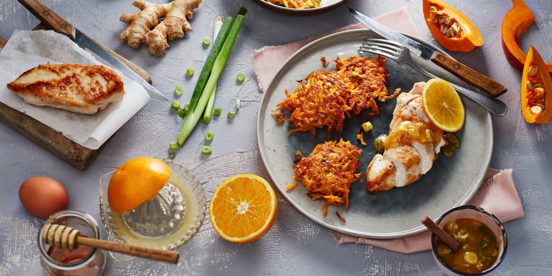 Pompoenrösti met kalkoen en sinaasappelsaus