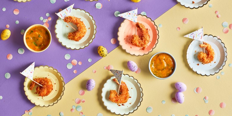 Krokante kokosgarnalen met mangodip