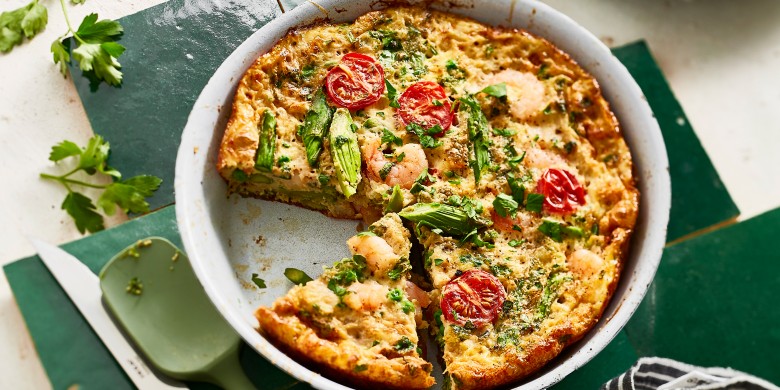 Frittata met groene asperges en garnalen